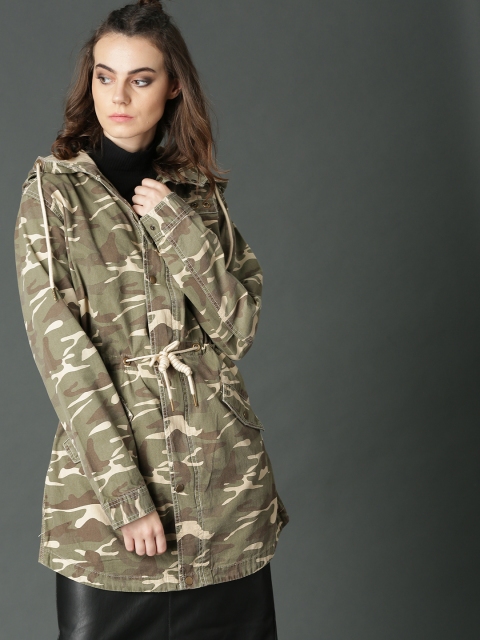 

Roadster Fast and Furious Women Olive Green Printed Hooded Longline Tailored Jacket