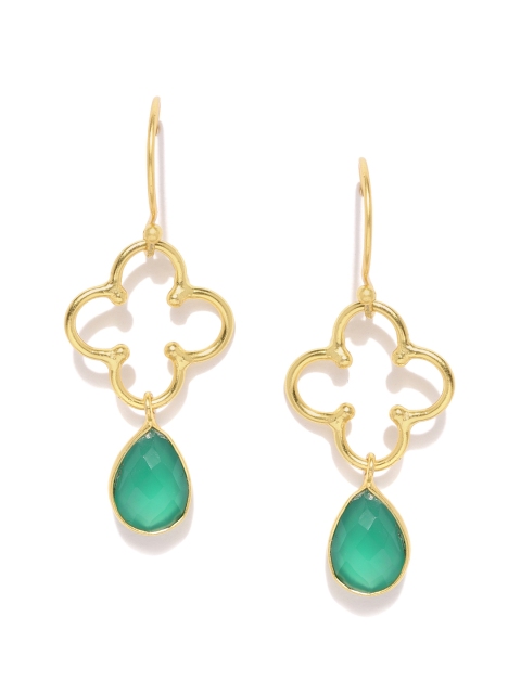 

Gehna Gold-Toned & Green Onyx 925 Sterling Silver Teardrop Shaped Earrings