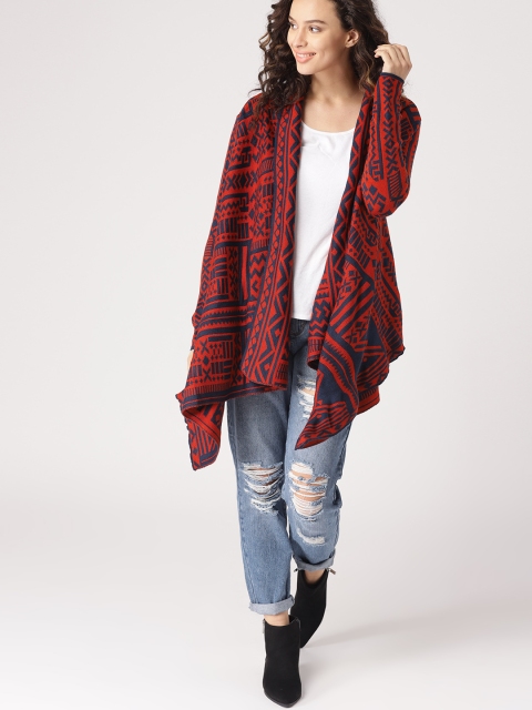 

DressBerry Women Rust Red & Navy Blue Self Design Front-Open Sweater