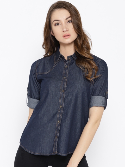 

Purple Feather Women Navy Slim Fit Solid Denim Shirt, Navy blue