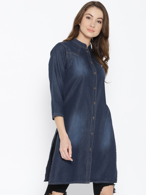 

Purple Feather Women Navy Slim Fit Faded Longline Denim Shirt, Navy blue