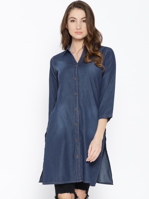 

Purple Feather Women Navy Slim Fit Faded Longline Denim Shirt, Navy blue