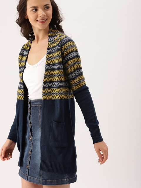 

DressBerry Navy Blue & Yellow Self Design Open Front Shrug