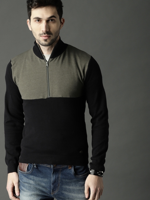 

Roadster Men Olive Green & Black Colourblocked Pullover