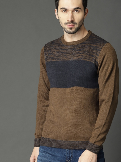 

Roadster Men Brown & Navy Blue Colourblocked Pullover