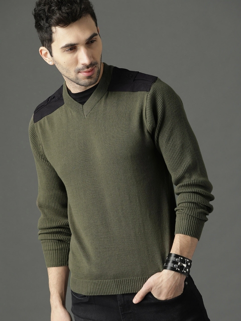 

Roadster Men Olive Green Solid Pullover