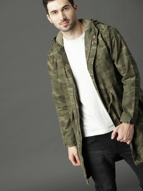 

Roadster Men Olive Green Camouflage Print Hooded Longline Jacket