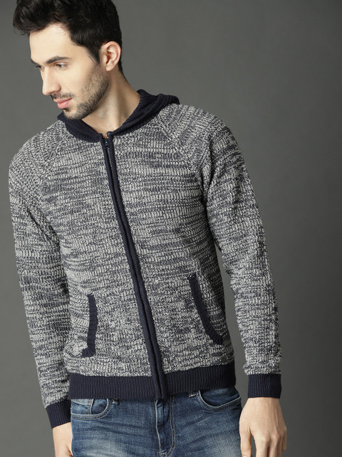 

Roadster Men Navy Blue & White Self Design Hooded Front-Open Sweater