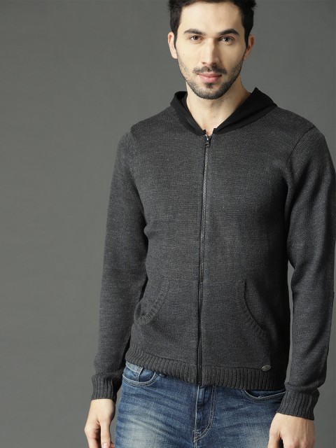 

Roadster Men Charcoal Grey Solid Hooded Front-Open Sweater