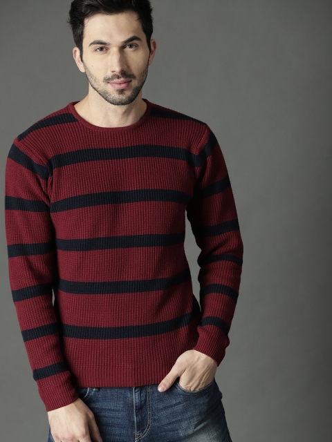 

Roadster Men Maroon & Navy Blue Striped Pullover