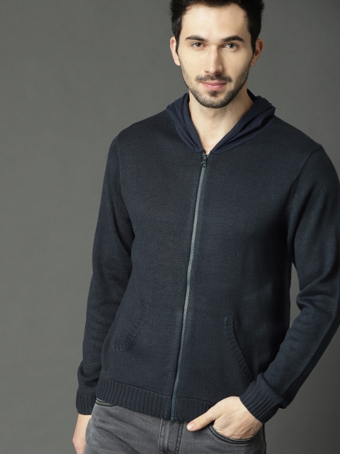 

Roadster Men Navy Blue Solid Hooded Cardigan