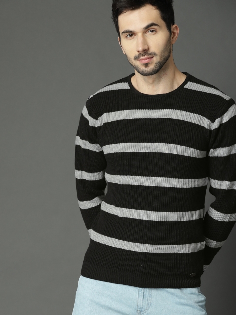 

Roadster Men Black & Grey Striped Pullover