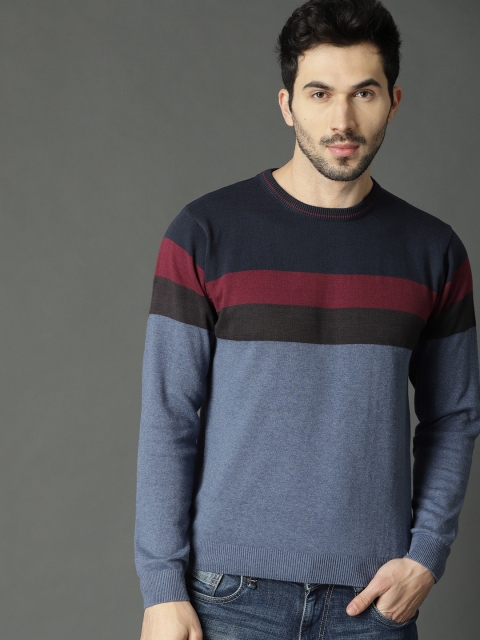 

Roadster Men Blue & Maroon Striped Pullover