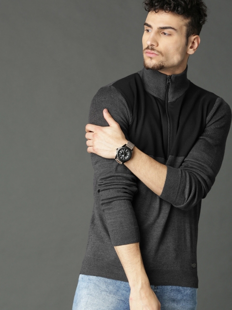 

Roadster Men Charcoal Grey & Black Colourblocked Pullover