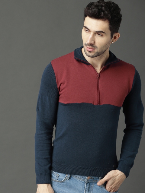

Roadster Men Navy Blue & Maroon Colourblocked Pullover