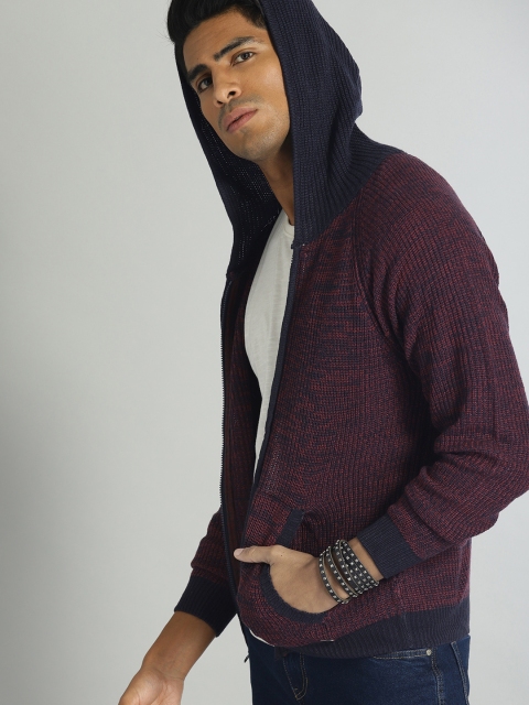

Roadster Men Maroon & Navy Solid Hooded Cardigan