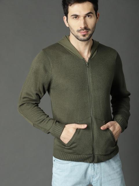 

Roadster Men Olive Green Solid Hooded Cardigan
