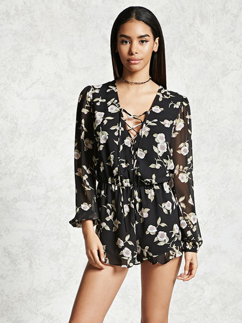 

FOREVER 21 Women Black & Green Printed Playsuit