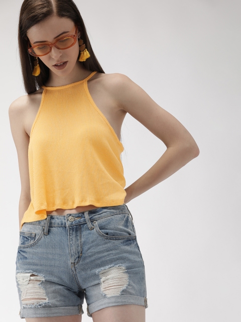 

FOREVER 21 Women Yellow Solid Top With Ribbed Effect