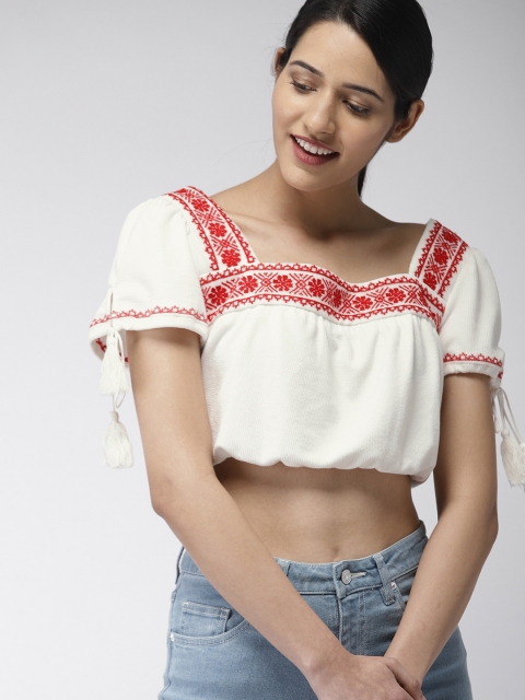 

FOREVER 21 Women Off-White & Red Embroidered Blouson Crop Top