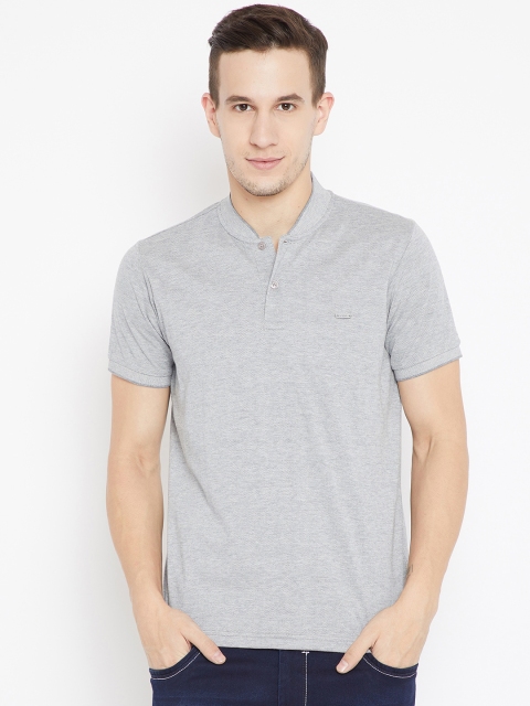 

Monte Carlo Men Grey Melange Self Design Stand Collar T-shirt