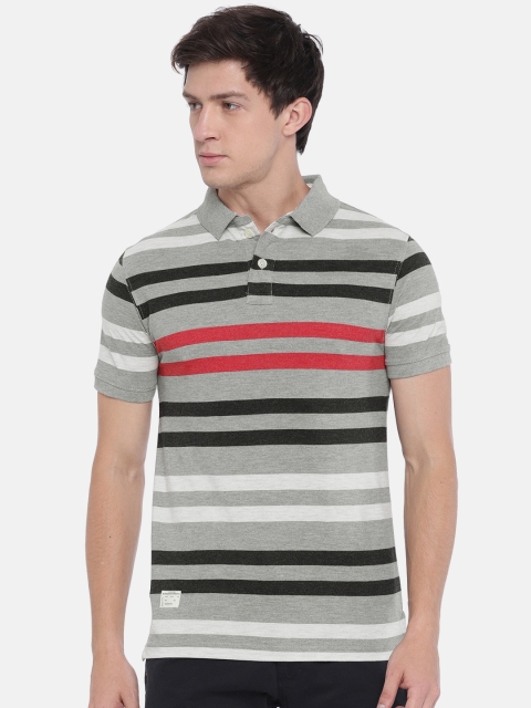 

Sports52 wear Men Grey Melange & Black Striped Polo Collar T-shirt