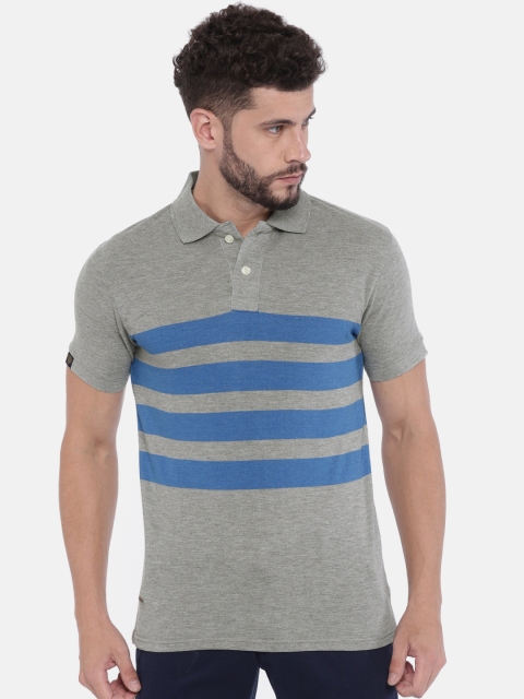 

Sports52 wear Men Grey Melange & Blue Striped Polo Collar T-shirt