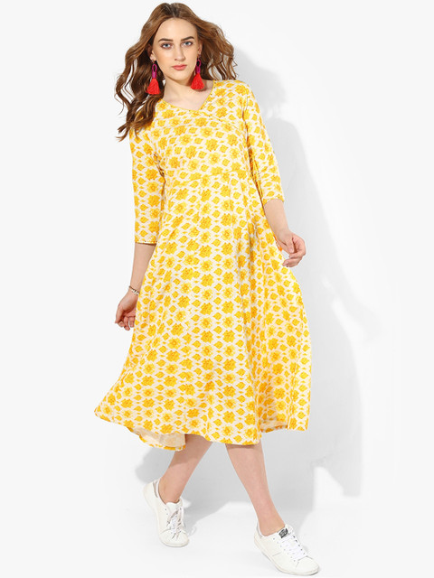 

Sangria Women Yellow Printed A-Line Dress
