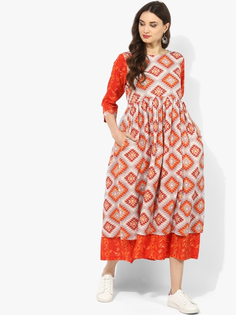 

Sangria Women Grey & Orange Printed A-Line Dress