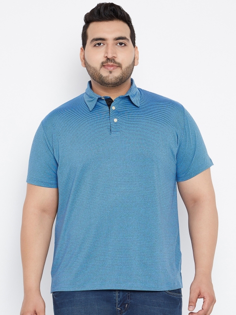 

bigbanana Plus Size Men Blue Striped Polo Collar T-shirt