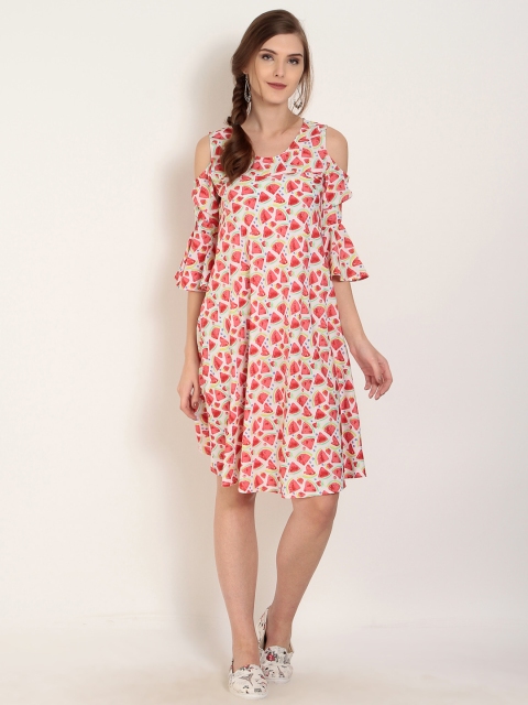 

Abiti Bella Women White Printed A-Line Cold Shoulder Dress