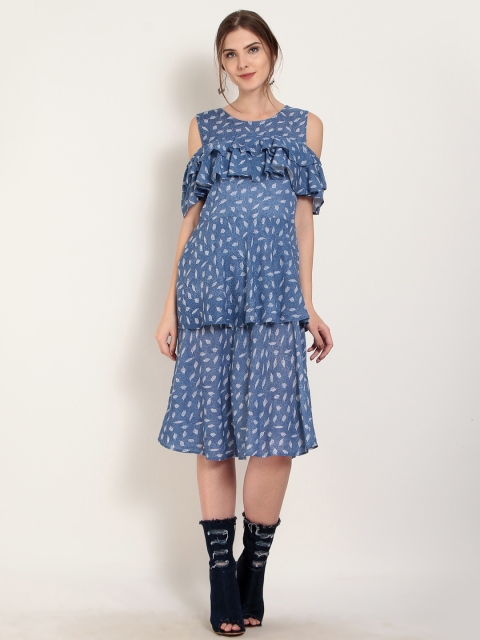 

Abiti Bella Women Blue Printed A-Line Cold Shoulder Dress