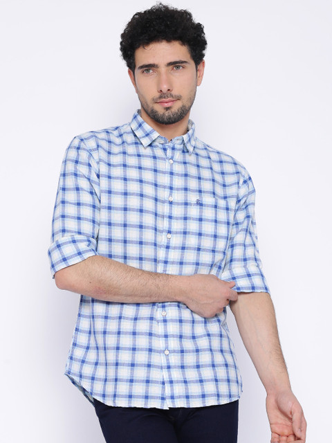

IZOD Blue & White Checked Slim Fit Linen Casual Shirt