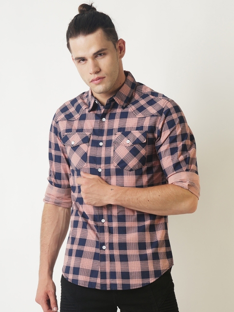 

Blue Saint Men Peach-Coloured & Navy Blue Slim Fit Checked Casual Shirt