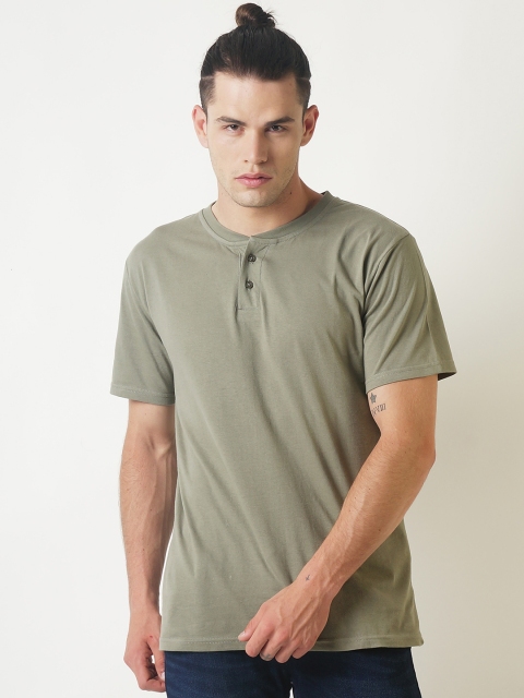 

Blue Saint Men Olive Green Solid Henley Neck T-shirt