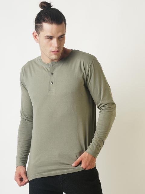 

Blue Saint Men Olive Green Solid Henley Neck T-shirt