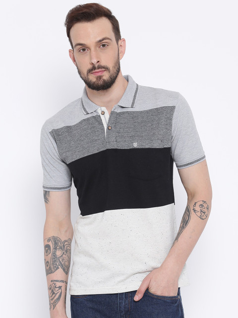

Duke Men Grey & Black Colourblocked Polo Collar T-shirt