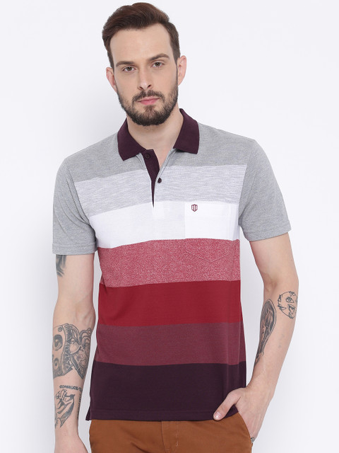 

Duke Men Grey Melange & Maroon Striped Polo Collar T-shirt