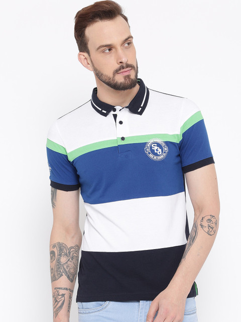 

Duke Men Navy Blue & White Colourblocked Polo Collar T-shirt