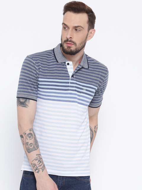 

Duke Men Blue & White Striped Polo Collar T-shirt