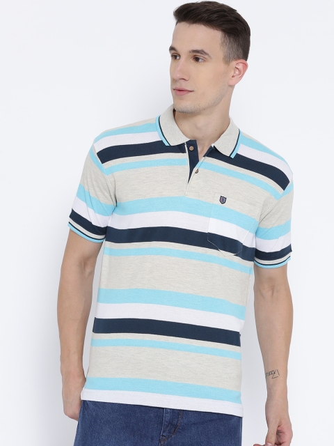 

Duke Men White & Grey Striped Polo Collar T-shirt