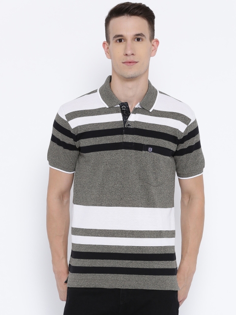 

Duke Men Grey & White Striped Polo Collar T-shirt