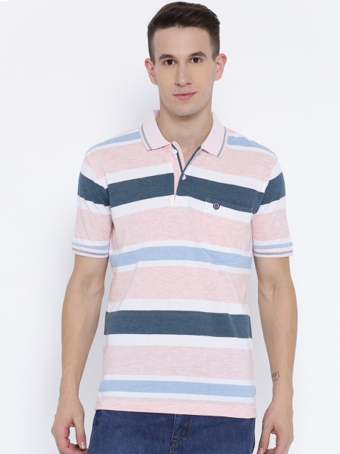

Duke Men Peach & Blue Striped Polo Collar T-shirt