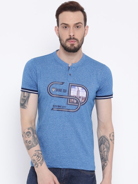 

Duke Men Blue Printed Henley Neck T-shirt