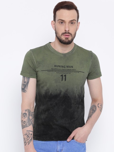 

Duke Men Olive Green & Black Printed Round Neck T-shirt