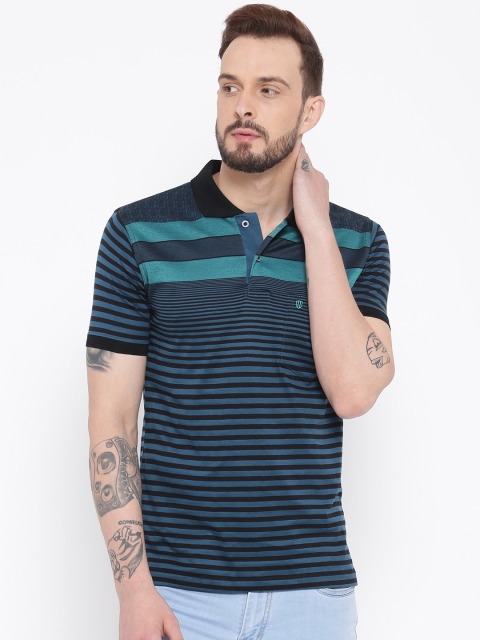 

Duke Men Black & Blue Striped Polo Collar T-shirt