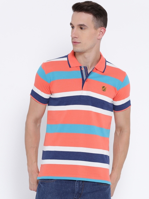 

Duke Men Coral & Blue Striped Polo Collar T-shirt