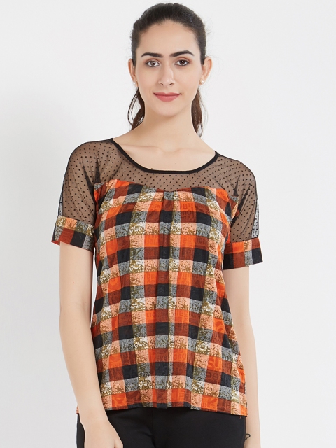 

Soie Women Orange & Black Checked Top