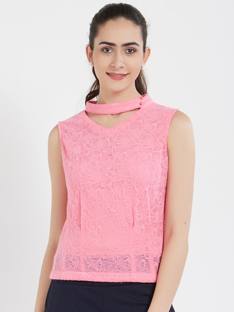 

Soie Women Pink Self Design Chocker Neck Top