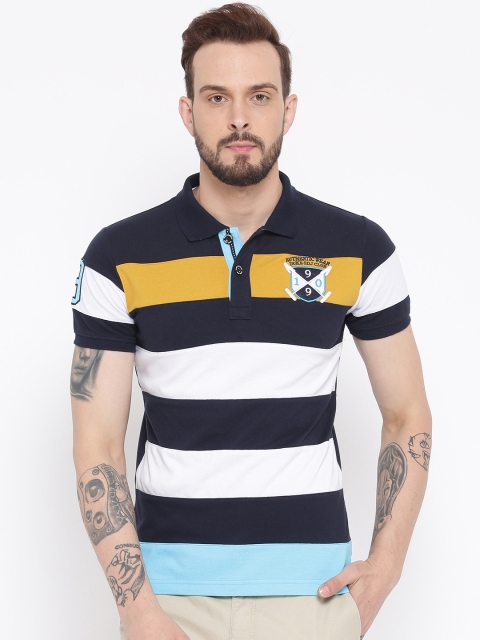

Duke Men Navy Blue & White Striped Polo Collar T-shirt